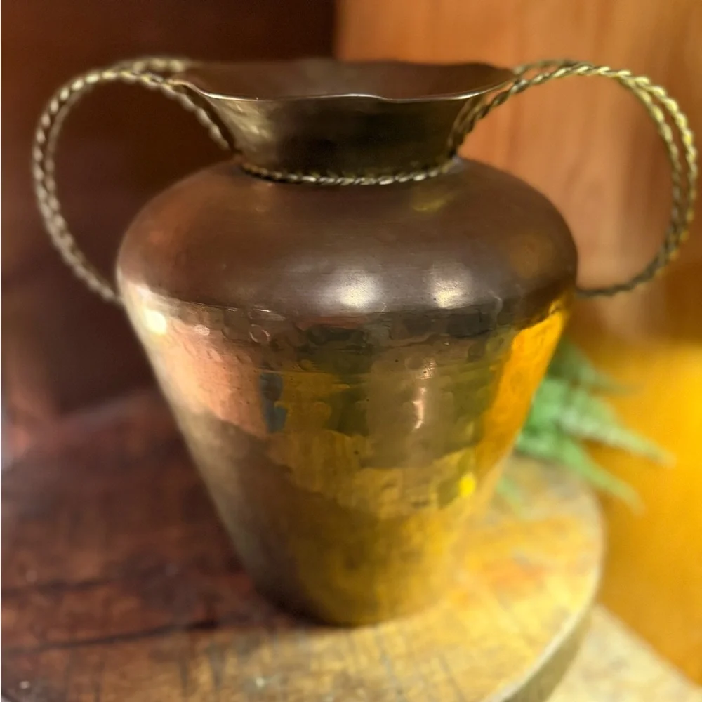 Vintage Brass Vase Featuring A Scalloped Rim And Twisted Rope-Style Handles.